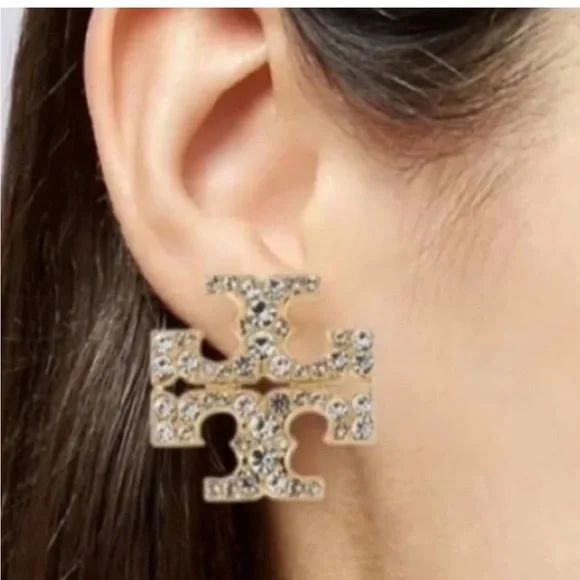 NWT Tory Burch Crystal Pave Logo Gold Earrings - Picture 2 of 6